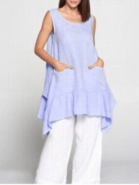 Match Point Women's 100% Linen Asymmetrical Tunic Top Sz S Lagenlook Boho
